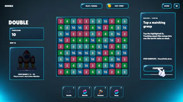Pocket Numbers: Double after merging a group of 2s, score 10