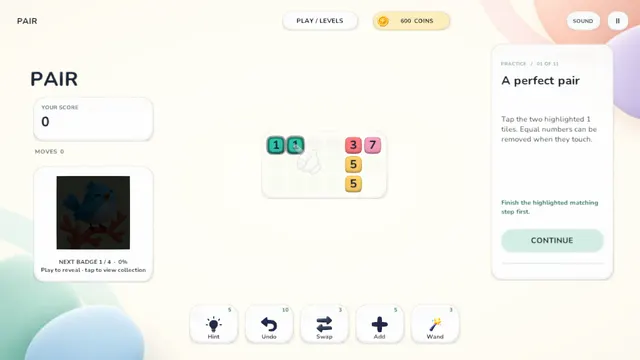 Pocket Numbers: Pair, tapping two equal touching numbers to clear them