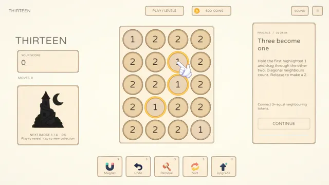 Pocket Numbers: Thirteen, dragging through three 1 tiles to make a 2