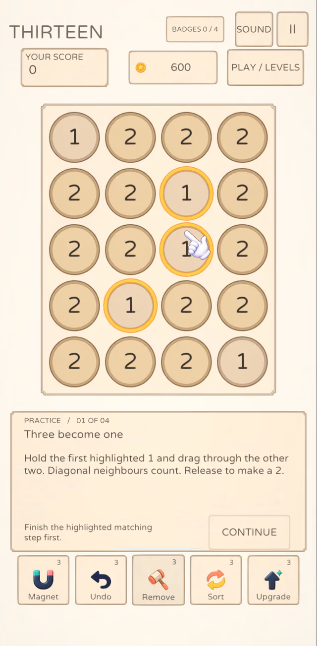 Pocket Numbers: Thirteen on a phone held upright with its helper row