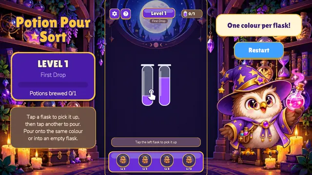 Potion Pour Sort level 1 with two flasks of purple potion