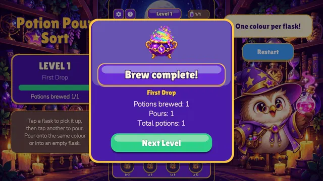 Brew complete win screen showing potions brewed and pours