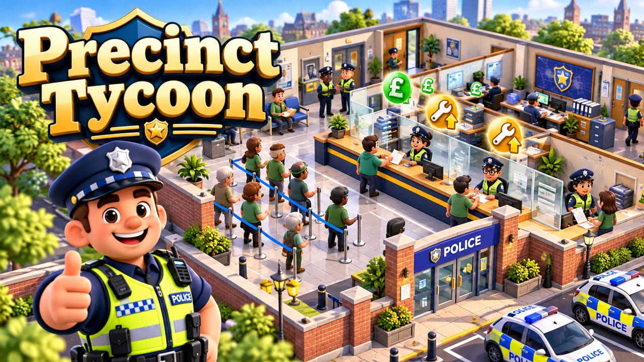 Precinct Tycoon cover art: police officers in front of an isometric police station lobby