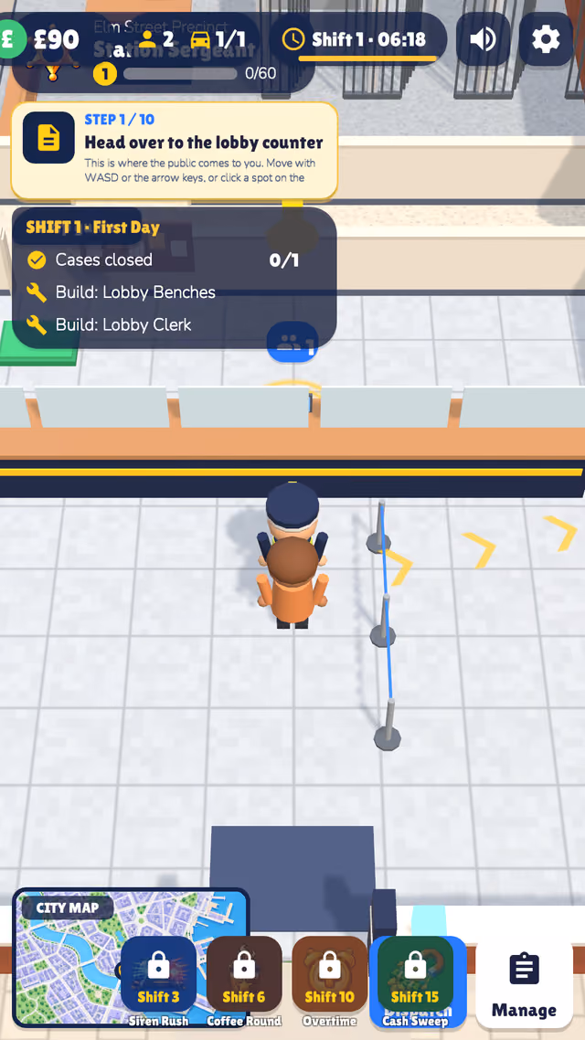 Precinct Tycoon: police station lobby with visitors queuing