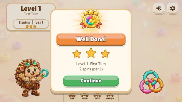Well Done screen with three stars and spins compared with par