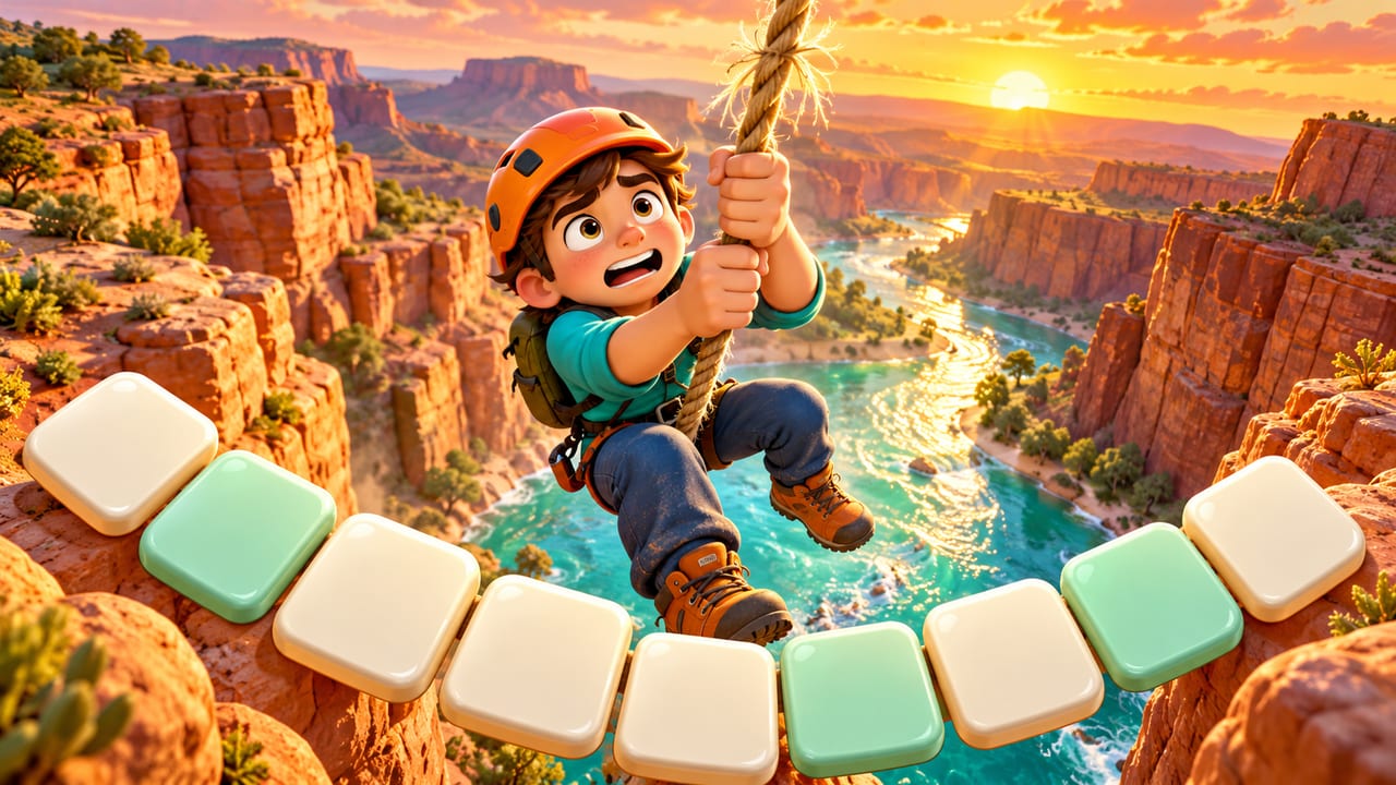 A young climber hanging from a fraying rope above a sunset canyon, with letter tiles