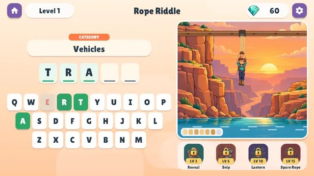 Rope Riddle: first letters guessed in the Vehicles category
