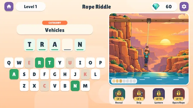 Rope Riddle: TRA_N with one letter left to find