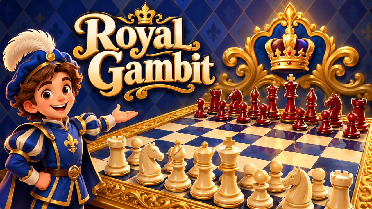 Royal Gambit cover art: a young royal page beside a golden chessboard with red and ivory pieces