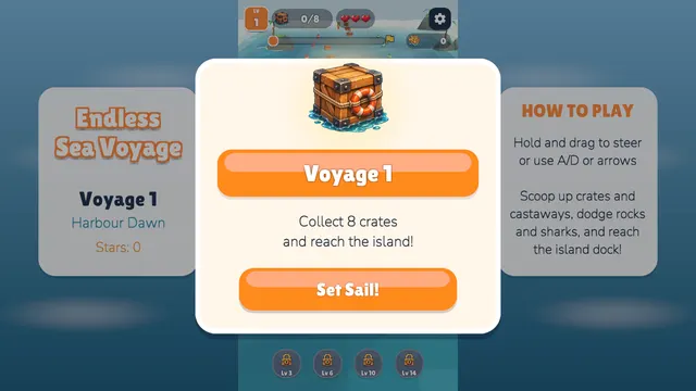 Sea Voyage Harbor Dawn goal to collect 8 crates and reach the island
