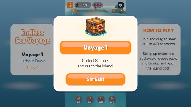 Crates and rocks on the water in Sea Voyage
