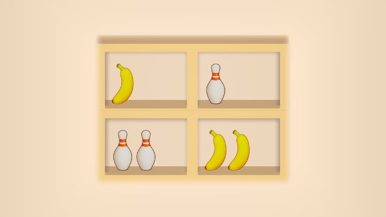 Shelf Trio: a light wooden shelf with bananas and bowling pins waiting to be grouped in threes