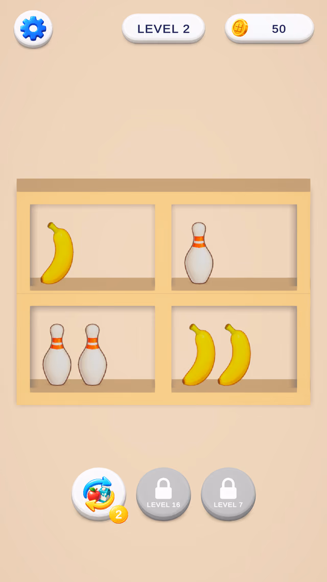 Shelf Trio level 2: two rows of shelves with bowling pins and bananas