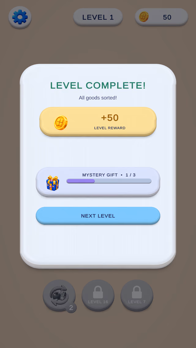 Shelf Trio level complete screen: all goods sorted, plus 50 coins