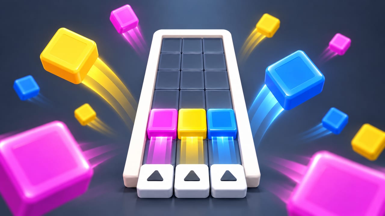 Pink, yellow and blue blocks rising up three columns of a white puzzle board, with more colored blocks flying around it