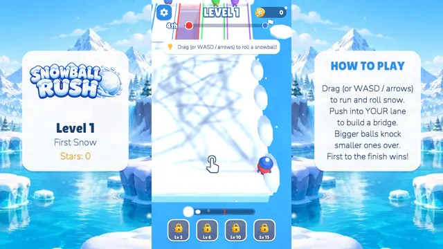 Snowball Rush how-to-play panel about rolling and bridges