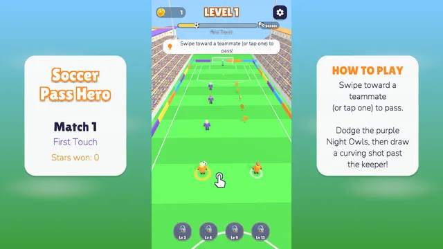 Soccer Pass Match 1 on a green pitch with teammates in a line