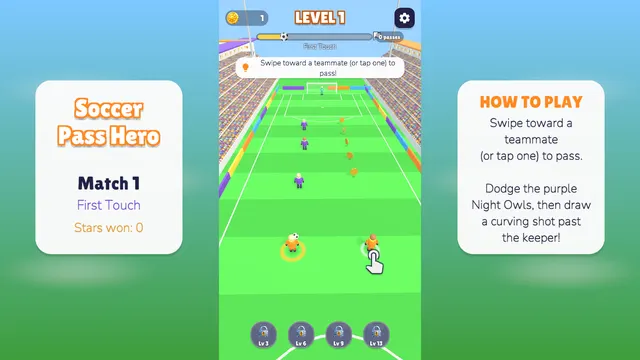 Soccer Pass how-to-play panel about swiping to pass