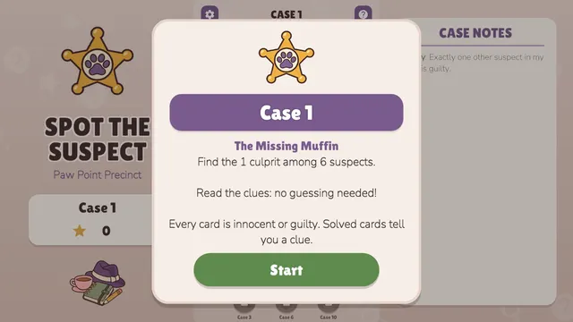 Spot the Suspect Case 1 briefing: The Missing Muffin, find 1 culprit among 6 suspects