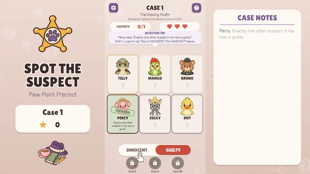 Case Notes panel with the first logic clue