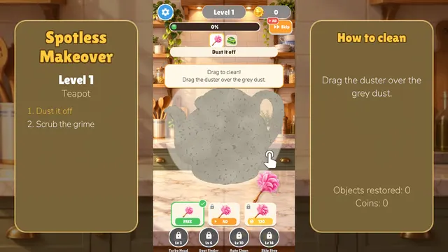 Spotless Makeover level 1: a dusty teapot with a pink duster