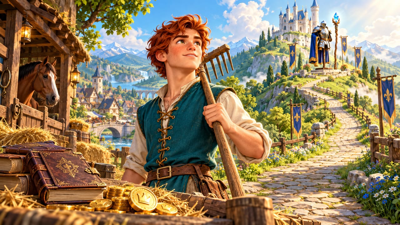 A young stable hand looking up a path toward a castle, a knight's armor and a wizard staff
