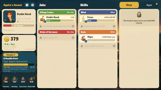 Squire's Ascent: stable hand job, Focus skill and coins per day