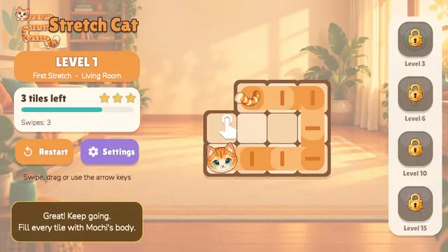 Stretch Cat: Mochi stretched across the room, 3 tiles left