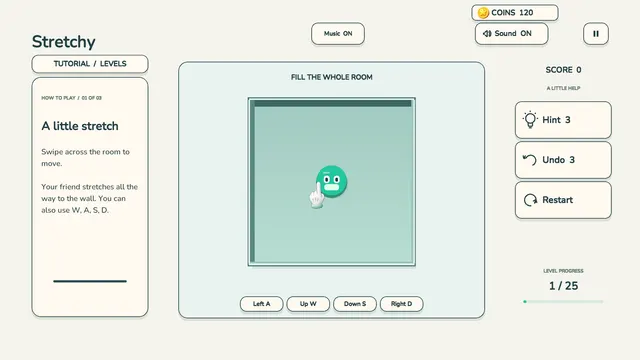 Stretchy level 1: a jelly friend in a small square room