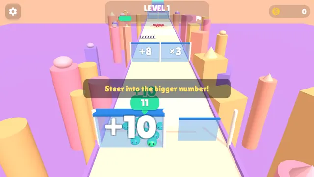 Swarm Runner: two green blobs approaching a +8 and a x3 gate
