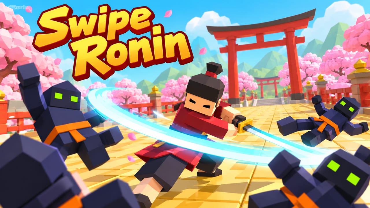 A blocky samurai slashing a glowing sword arc through ninja enemies at a cherry-blossom shrine