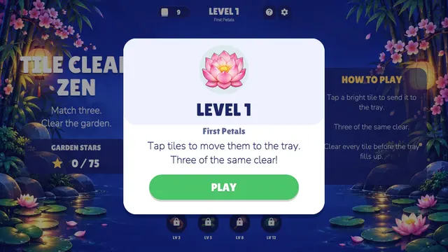 Tile Clear Zen level 1 First Petals card with a lotus flower