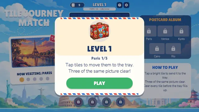 Tile Journey Match level 1 card with a sticker-covered suitcase