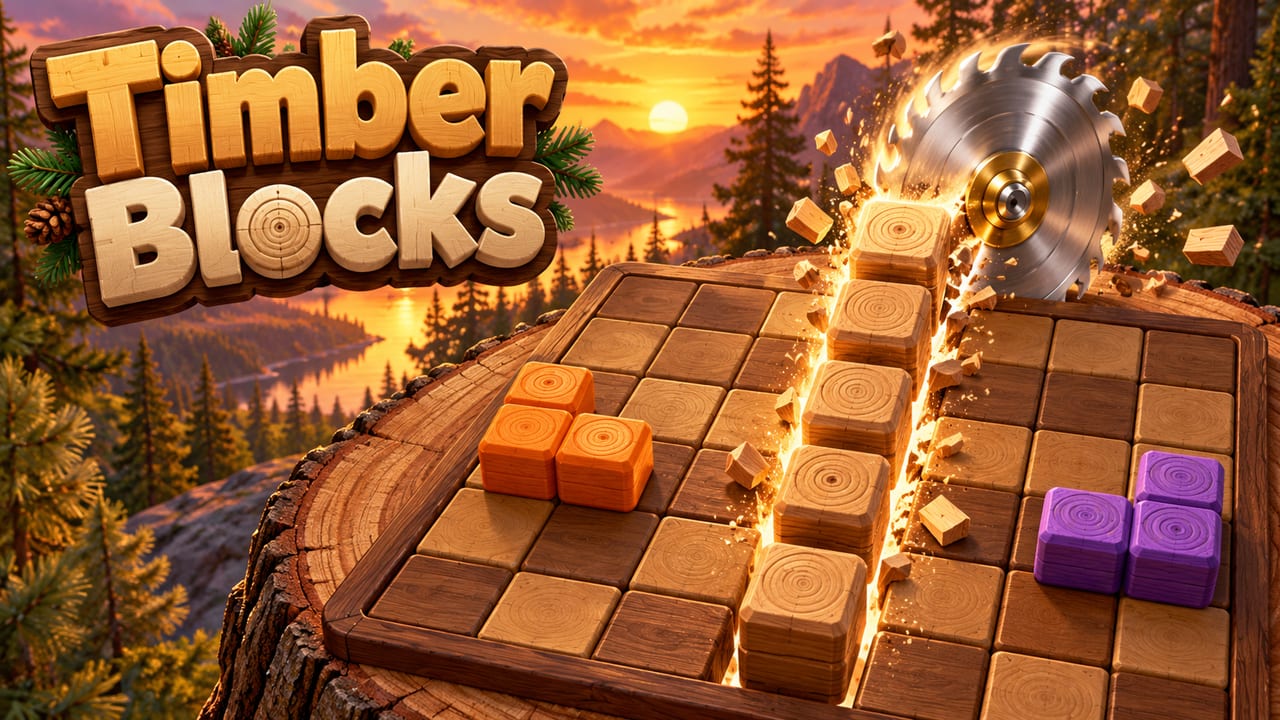Wooden blocks on a wooden grid board in a sunset forest, a saw clearing a full column