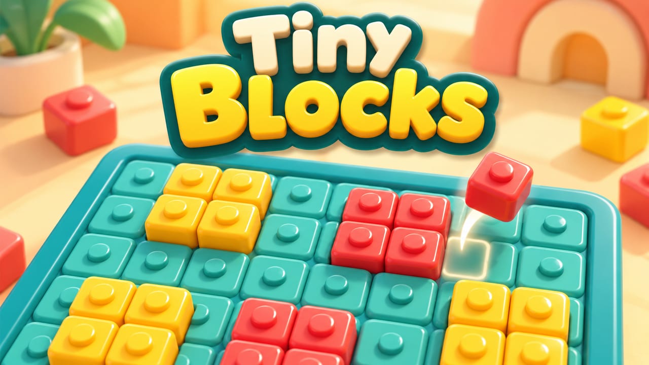 Small red and yellow toy bricks forming one-color squares on a teal studded board