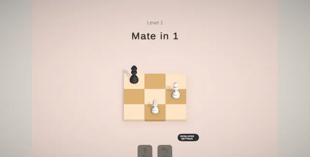 Tiny Checkmates level 1: Mate in 1 on a small board, two white pieces against the black king