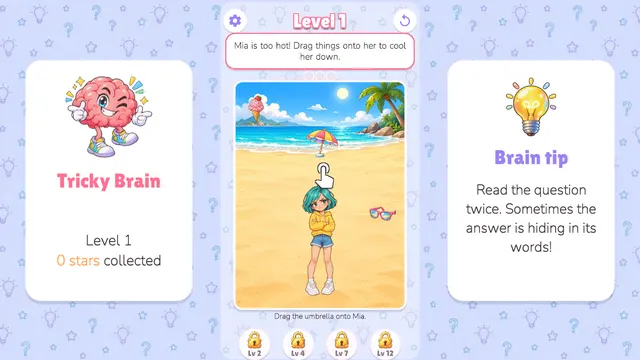 Tricky Brain level 1: Mia on a sunny beach with an umbrella, ice cream and sunglasses