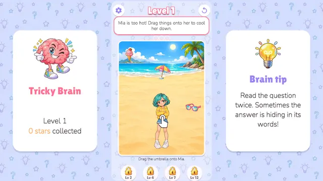 Tricky Brain mascot, a cartoon brain, next to the level 1 star counter