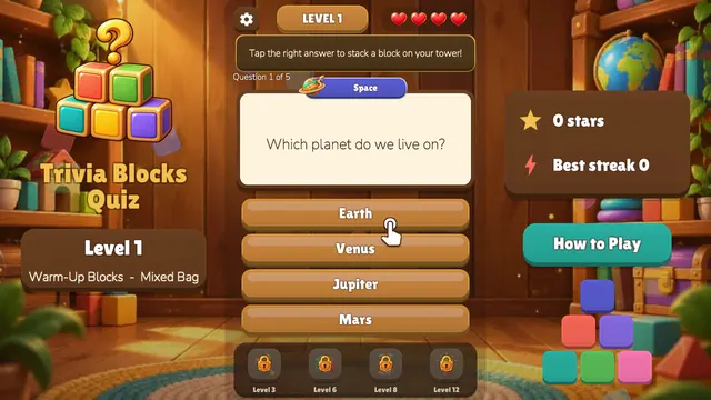 Stack of colored blocks next to a star counter and a streak counter