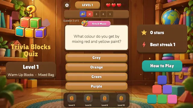 Level 1 Warm-Up Blocks in a cozy room with bookshelves and a globe