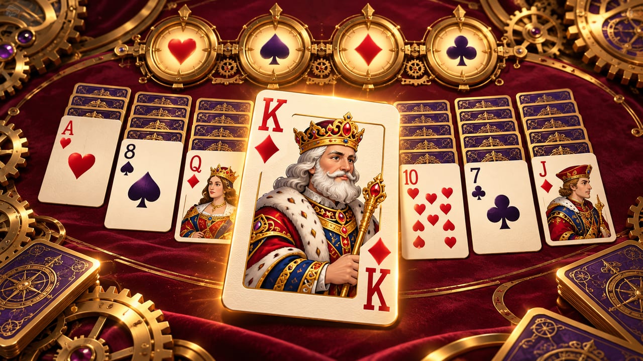 Upside Solitaire cover art: solitaire cards on a clockwork table