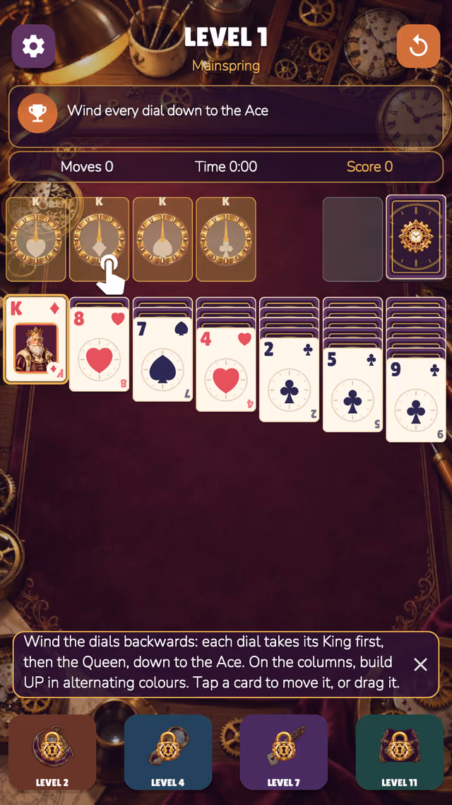 Upside Solitaire: Level 1 Mainspring layout with the rules