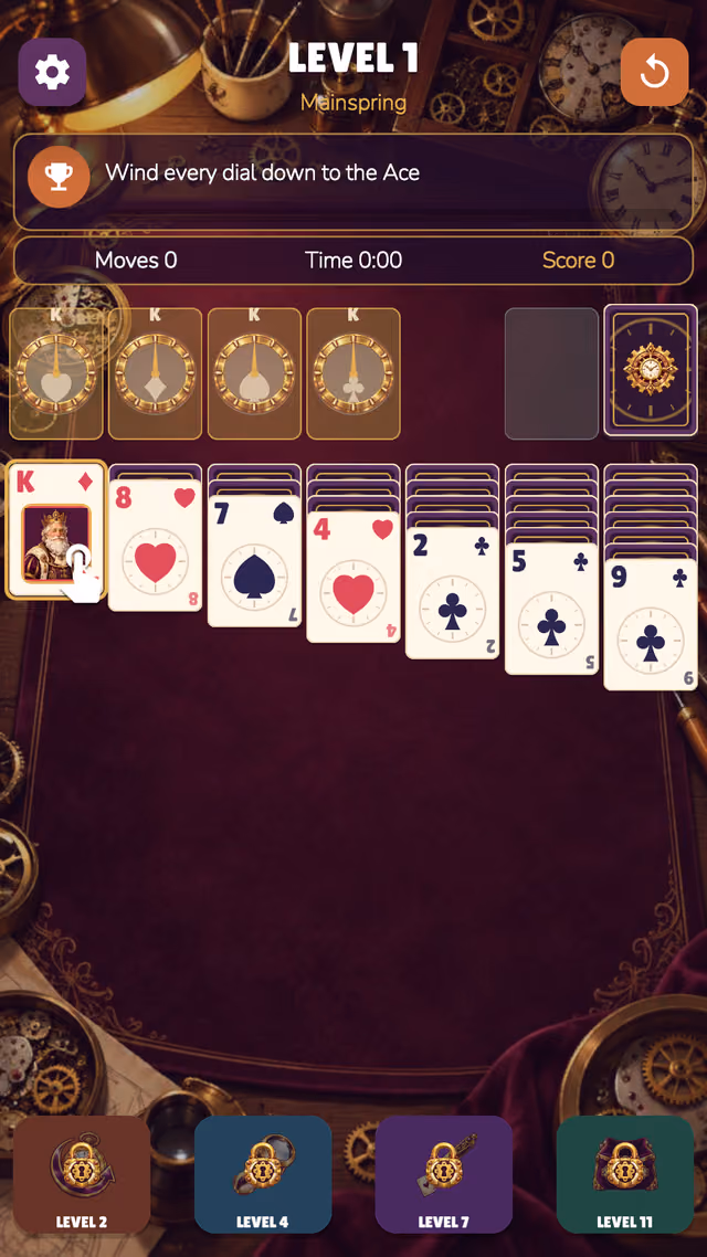 Upside Solitaire: king of diamonds selected on the columns