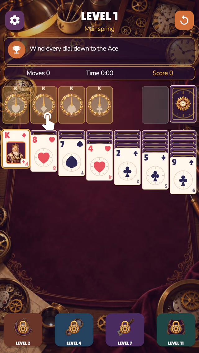 Upside Solitaire: dials waiting for their kings