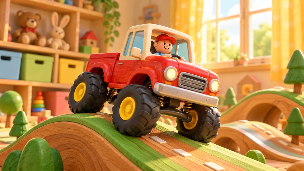 Wobbly Wheels cover art: a red toy pickup driving over hills in a toy room