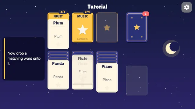 Word Deal Solitaire tutorial: the Music category card placed in an empty slot