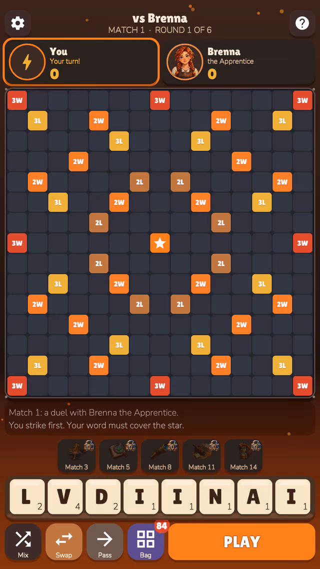 Word Forge: duel board against Brenna