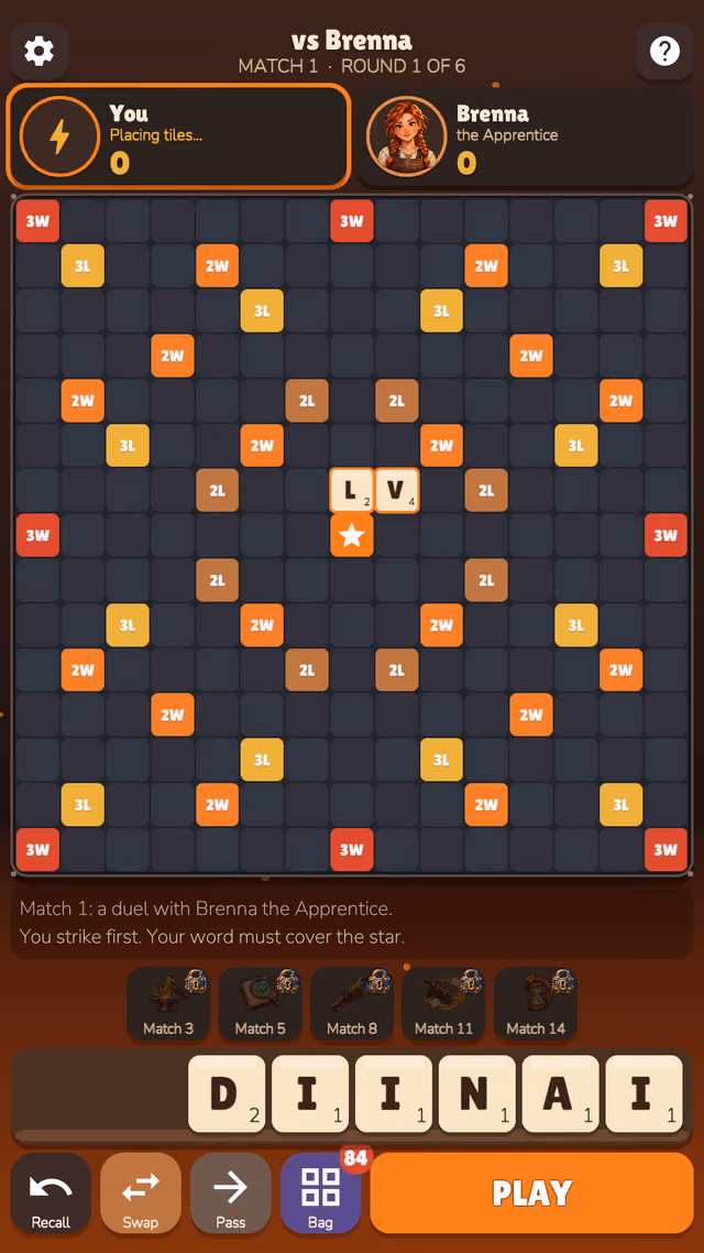 Word Forge: placing letter tiles on the star