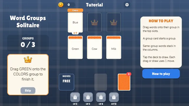 Word cards Green, Cow and Milk waiting in three columns under the group slots