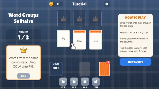 How to play panel and a deck with three cards left in Word Groups Solitaire